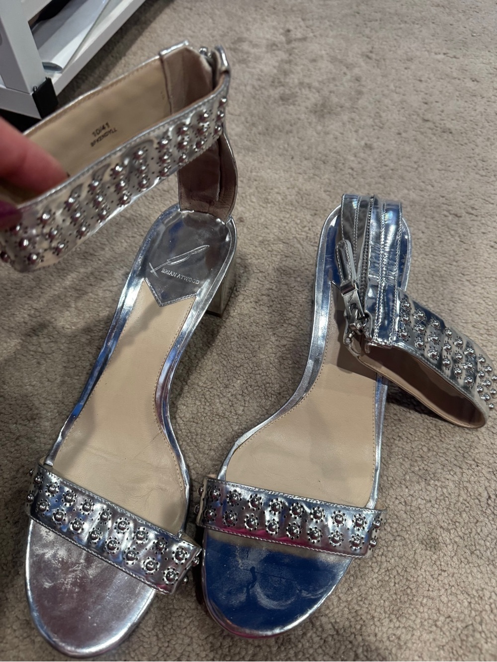 Brian Atwood Silver Studded Ankle-Strap Block Heel Sandals
